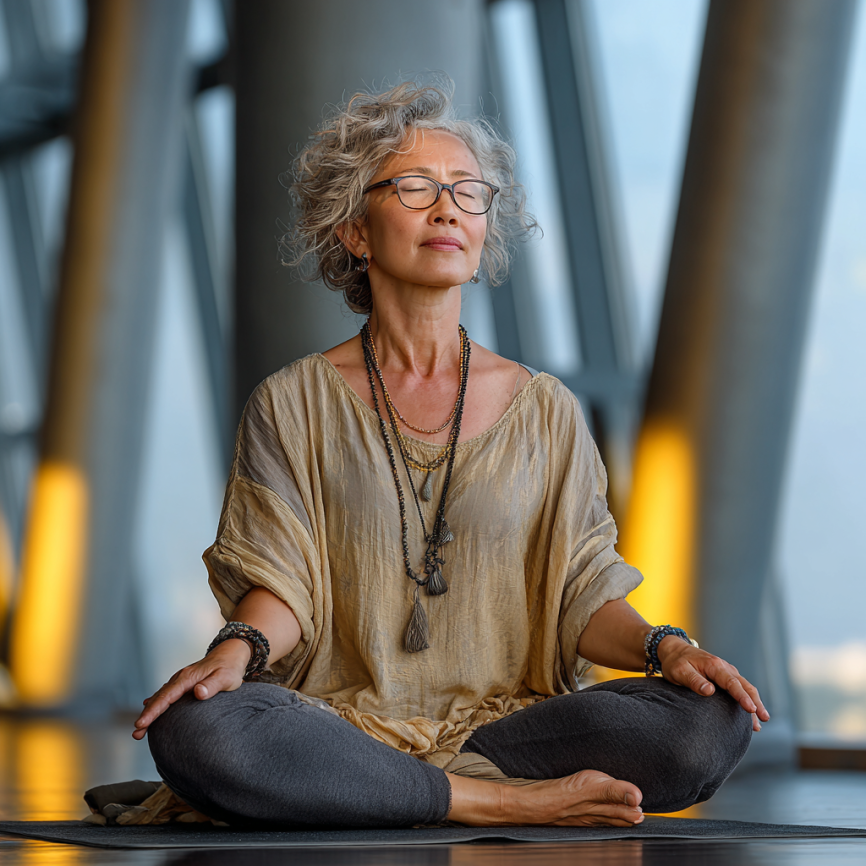 Пожилая женщина занимается йогой в спокойной обстановке