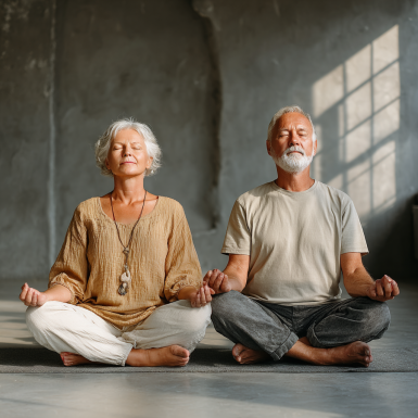 Группа пожилых людей занимается йогой в студии