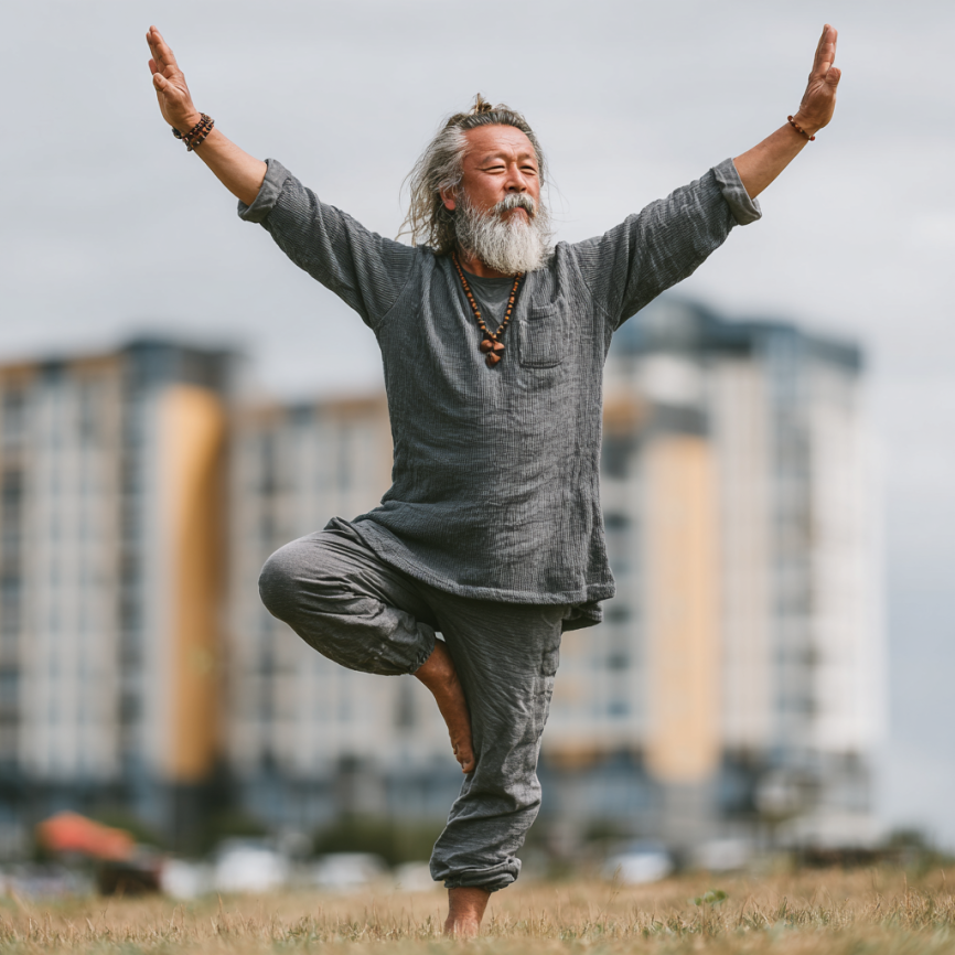 Пожилой мужчина в позе медитации на природе